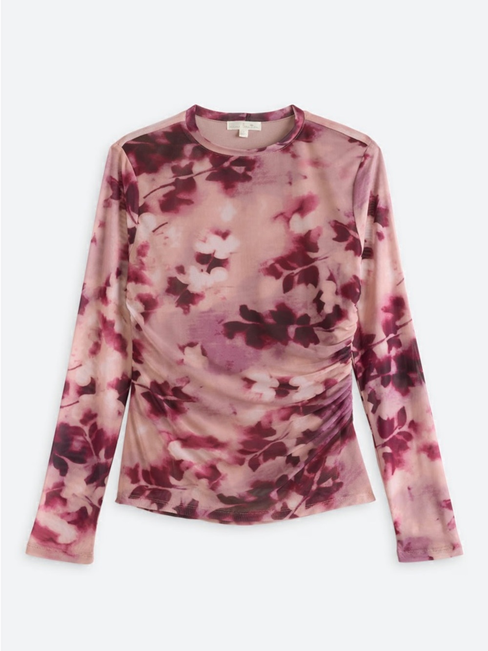 nine britton Pink and Burgundy Floral Ruched Mesh Long-Sleeve Top